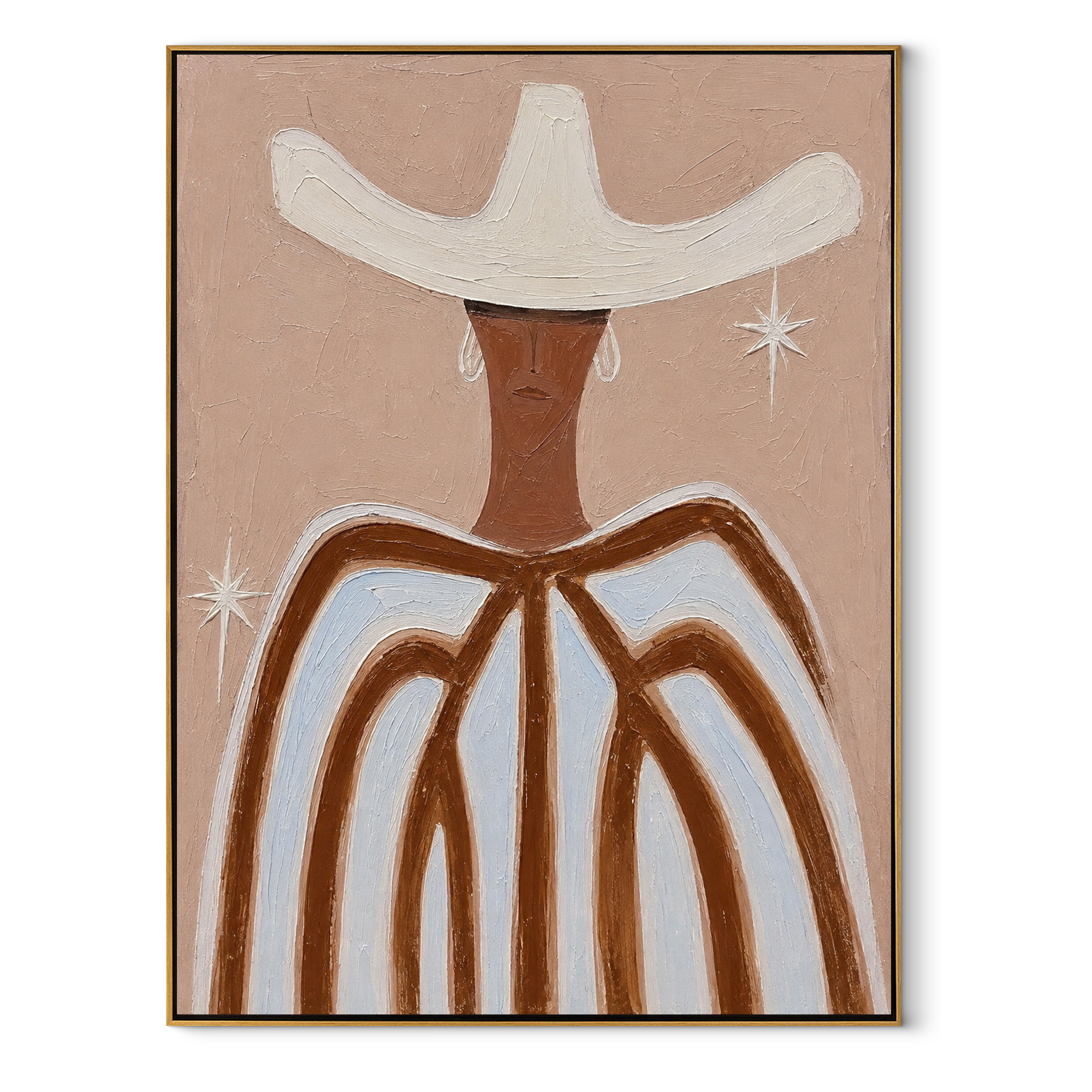 White Wings Catch Starlight - white hat striped figure painting by Elliot Vale, modern figurative vertical wall art - framed artwork on white background
