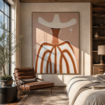 White Wings Catch Starlight - white hat striped figure painting by Elliot Vale, modern figurative vertical wall art - styled room scene view 2