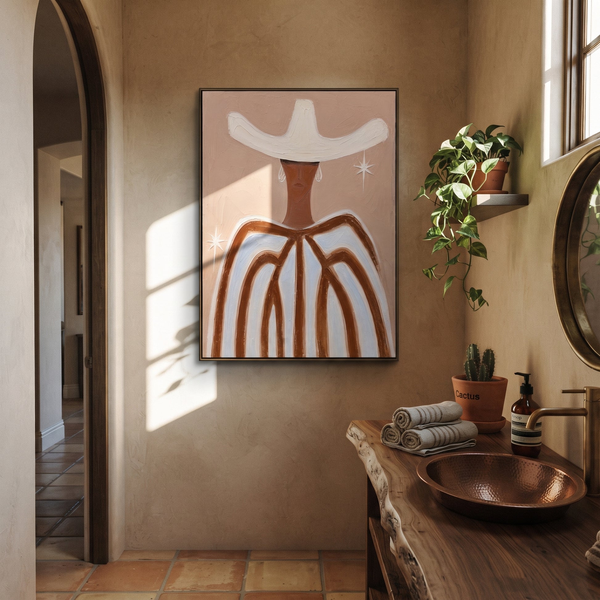 White Wings Catch Starlight - white hat striped figure painting by Elliot Vale, modern figurative vertical wall art - styled room scene view 4