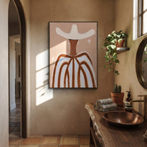 White Wings Catch Starlight - white hat striped figure painting by Elliot Vale, modern figurative vertical wall art - styled room scene view 4