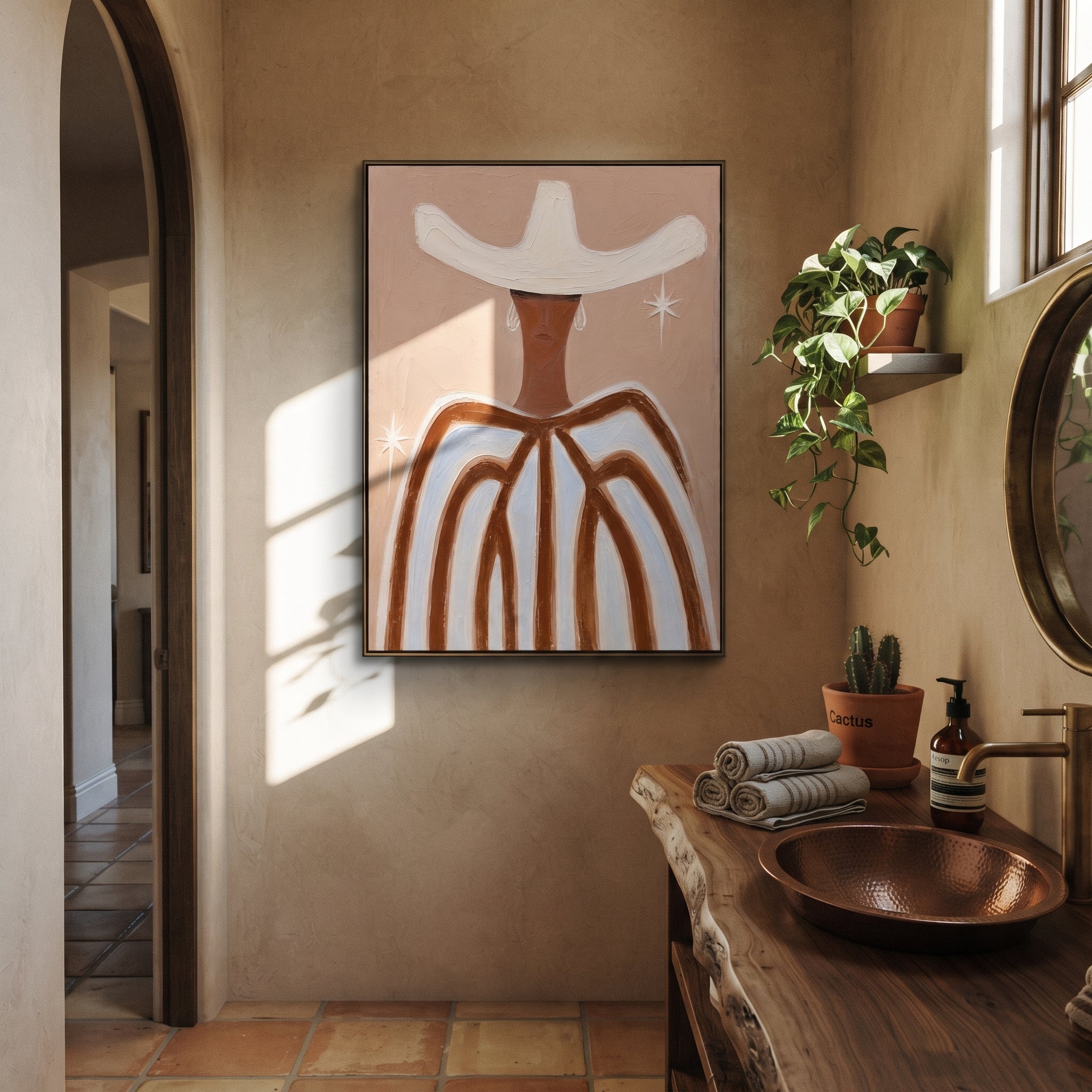 White Wings Catch Starlight - white hat striped figure painting by Elliot Vale, modern figurative vertical wall art - styled room scene view 4