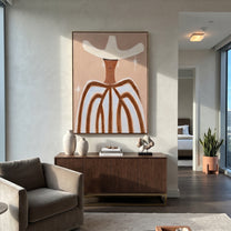 White Wings Catch Starlight - white hat striped figure painting by Elliot Vale, modern figurative vertical wall art - styled room scene view 5