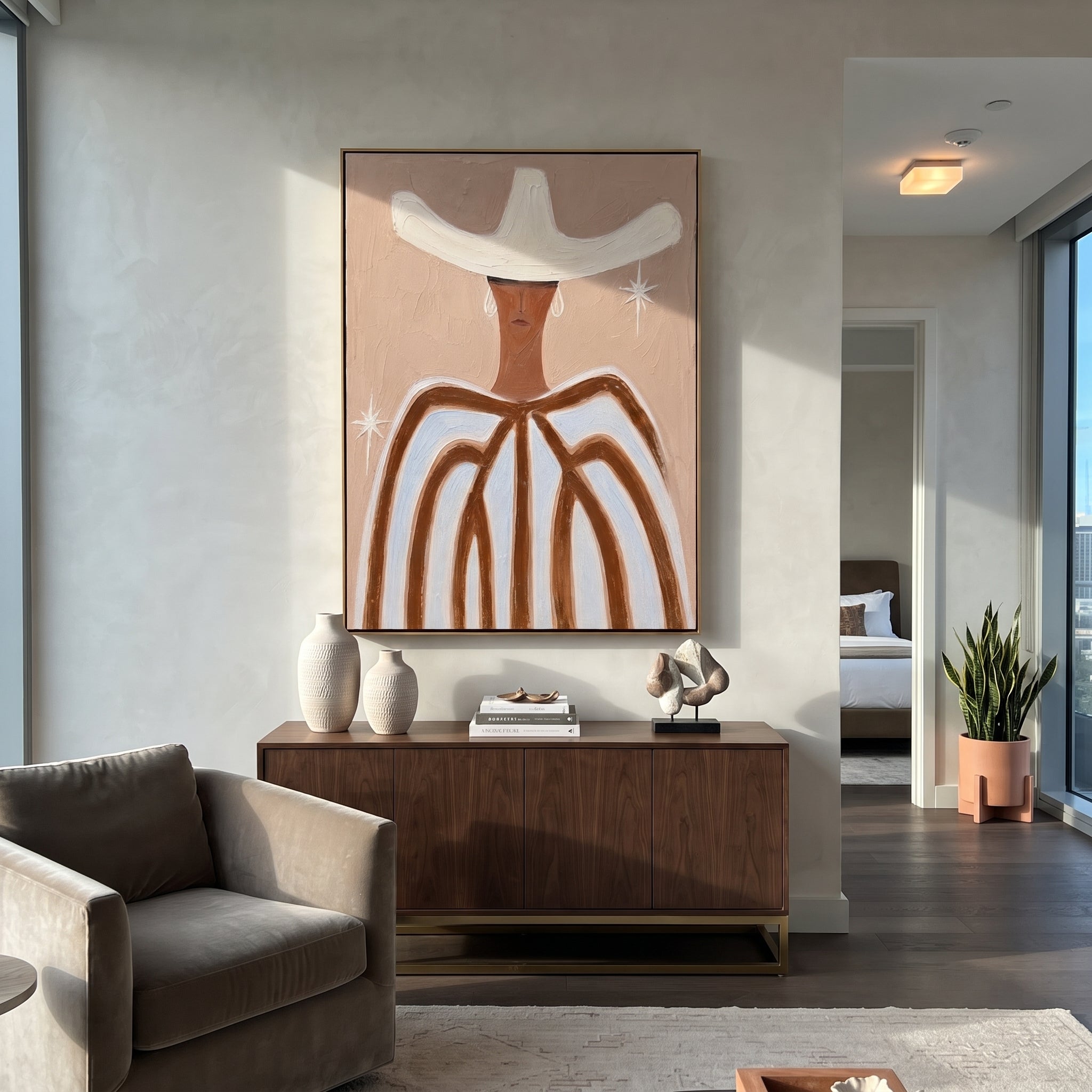 White Wings Catch Starlight - white hat striped figure painting by Elliot Vale, modern figurative vertical wall art - styled room scene view 5