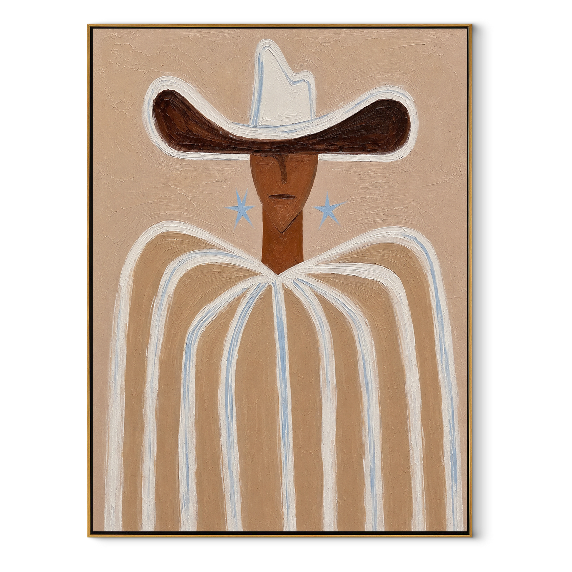 Blue Stars Guard Linen - neutral striped cowboy painting by Elliot Vale, modern figurative vertical wall art - framed artwork on white background