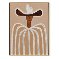 Blue Stars Guard Linen - neutral striped cowboy painting by Elliot Vale, modern figurative vertical wall art - framed artwork on white background
