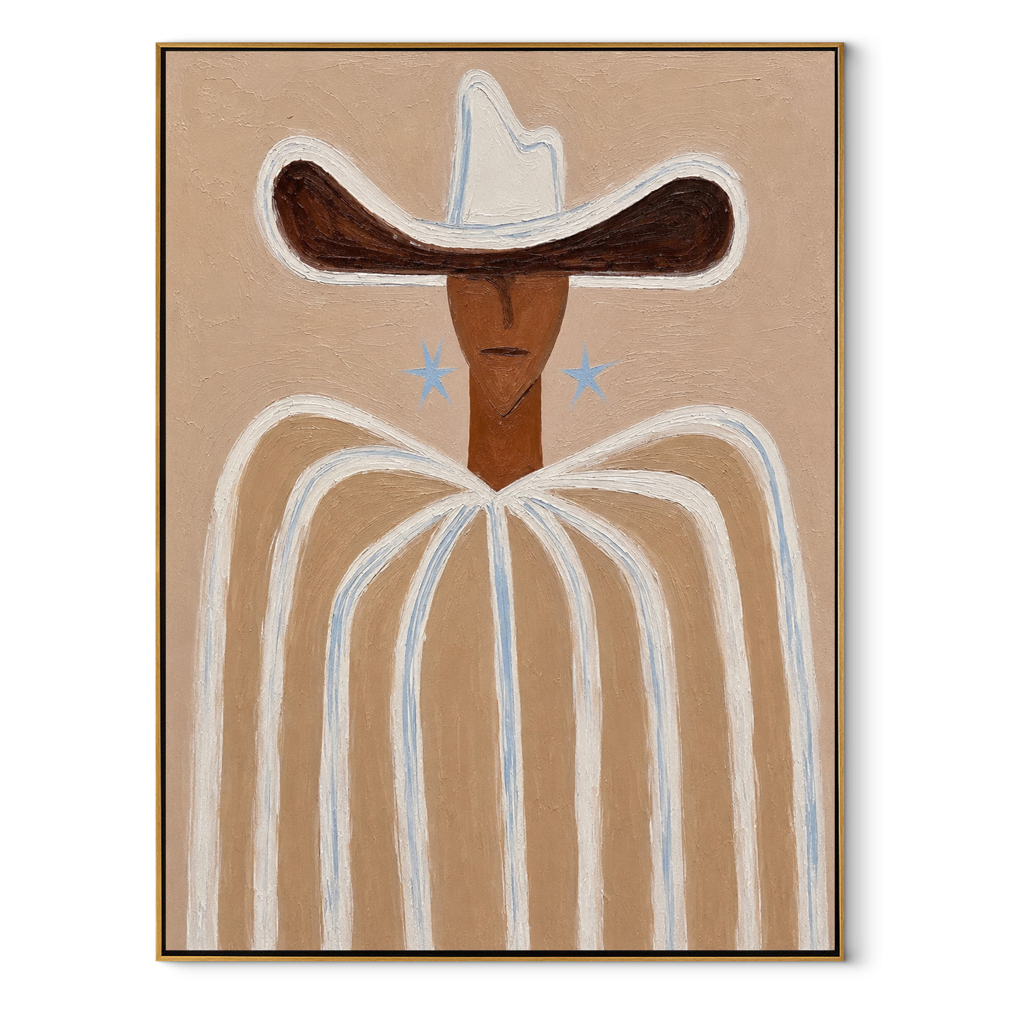 Blue Stars Guard Linen - neutral striped cowboy painting by Elliot Vale, modern figurative vertical wall art - framed artwork on white background