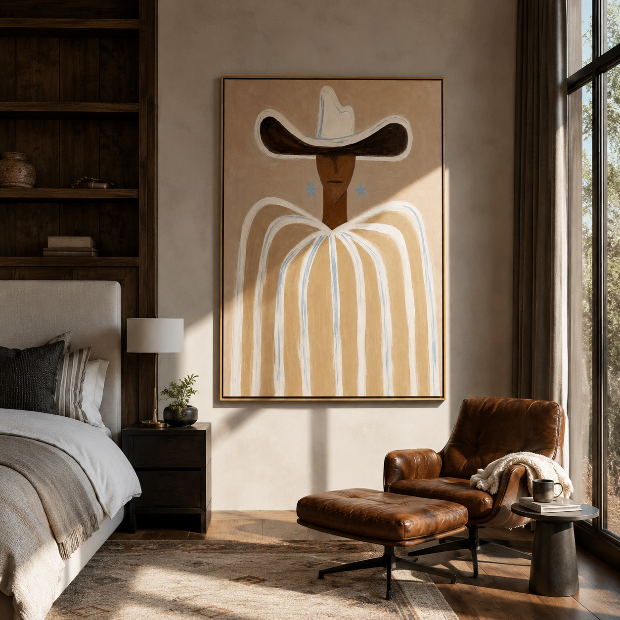 Blue Stars Guard Linen - neutral striped cowboy painting by Elliot Vale, modern figurative vertical wall art - styled room scene view 2