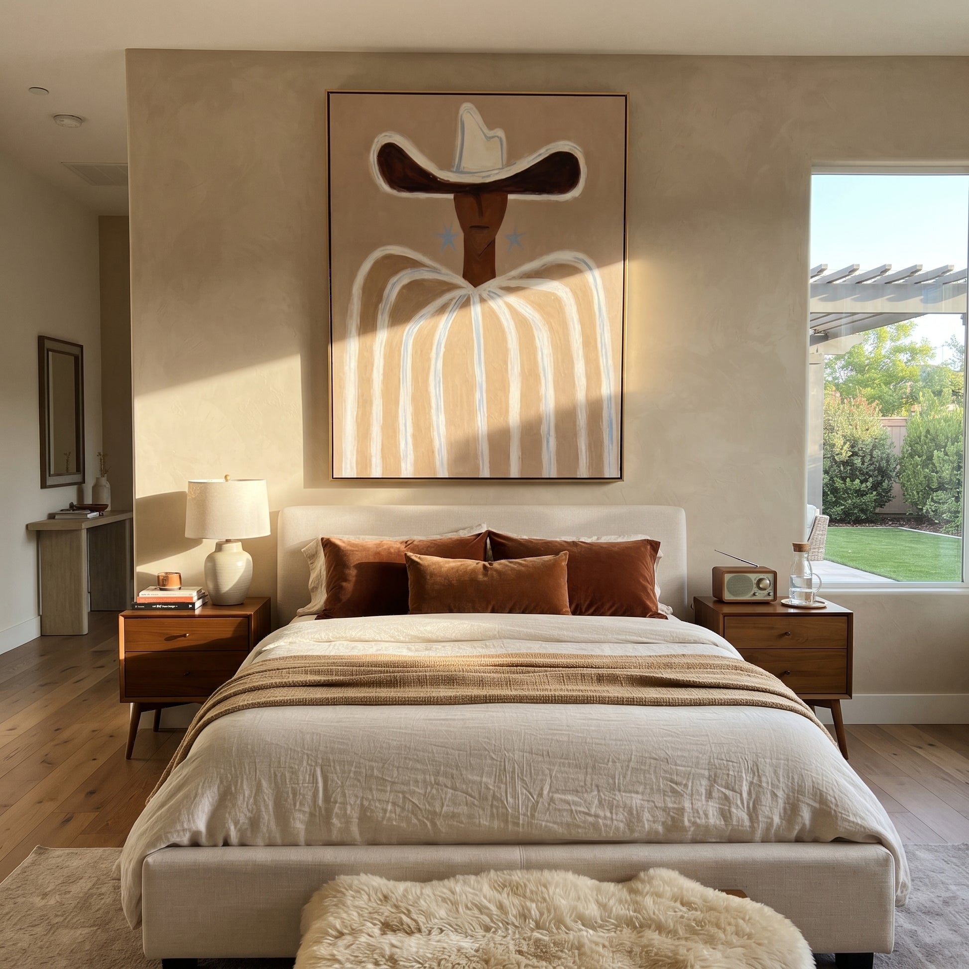 Blue Stars Guard Linen - neutral striped cowboy painting by Elliot Vale, modern figurative vertical wall art - styled room scene view 3