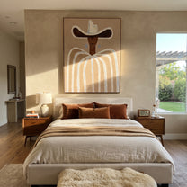 Blue Stars Guard Linen - neutral striped cowboy painting by Elliot Vale, modern figurative vertical wall art - styled room scene view 3