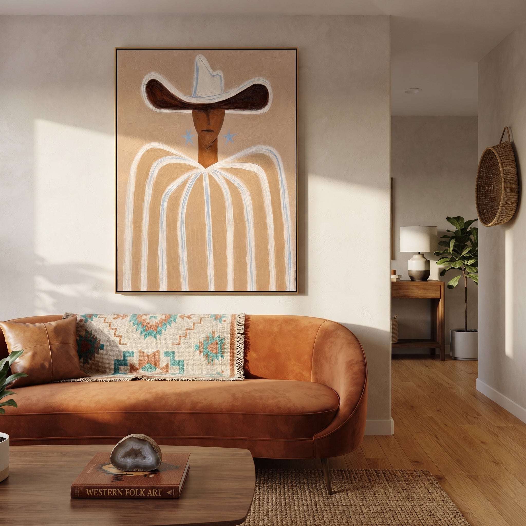 Blue Stars Guard Linen - neutral striped cowboy painting by Elliot Vale, modern figurative vertical wall art - styled room scene view 4