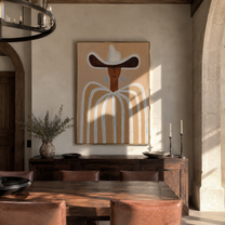 Blue Stars Guard Linen - neutral striped cowboy painting by Elliot Vale, modern figurative vertical wall art - styled room scene view 5