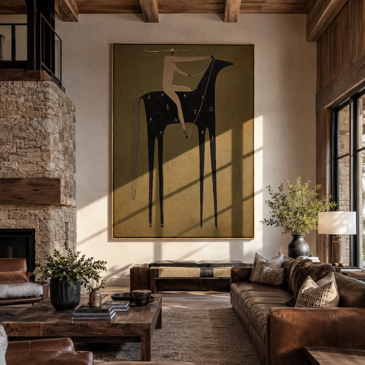 Black Horse Holds Silence - minimal black horse rider painting by Elliot Vale, modern figurative vertical wall art - styled room scene view 1
