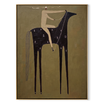 Black Horse Holds Silence - minimal black horse rider painting by Elliot Vale, modern figurative vertical wall art - wood frame on white background