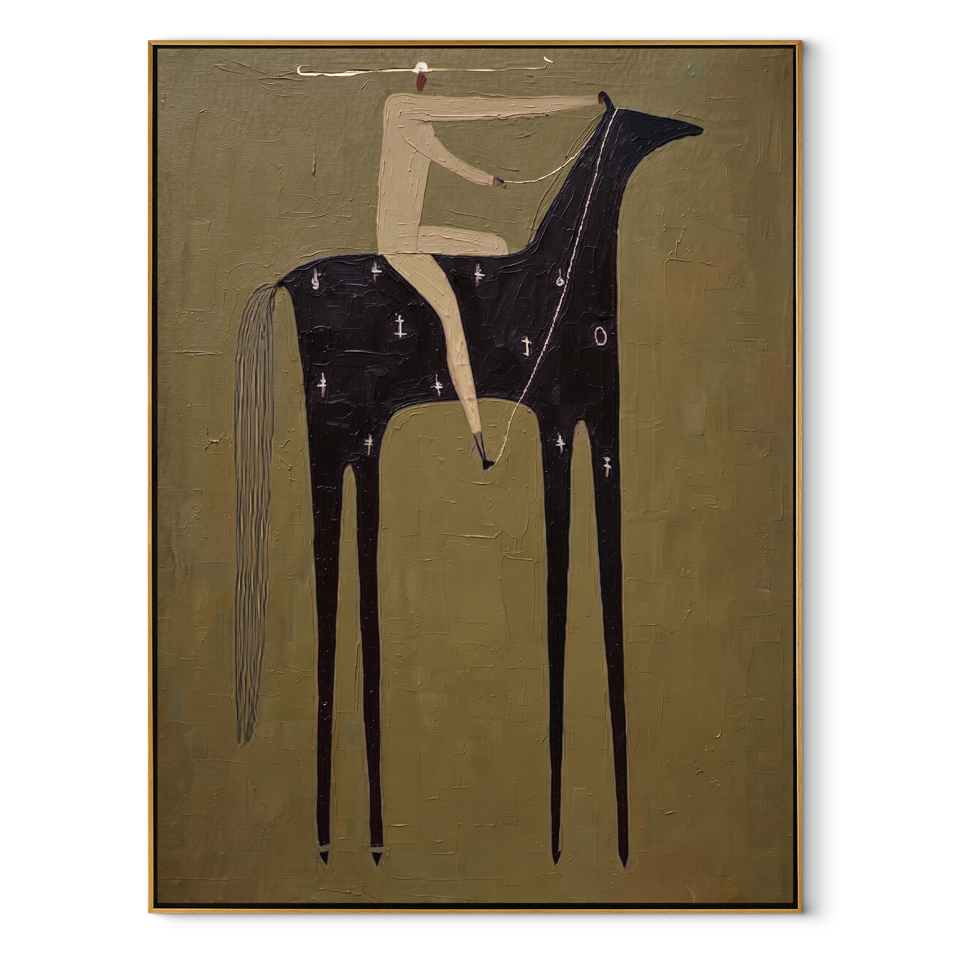 Black Horse Holds Silence - minimal black horse rider painting by Elliot Vale, modern figurative vertical wall art - wood frame on white background