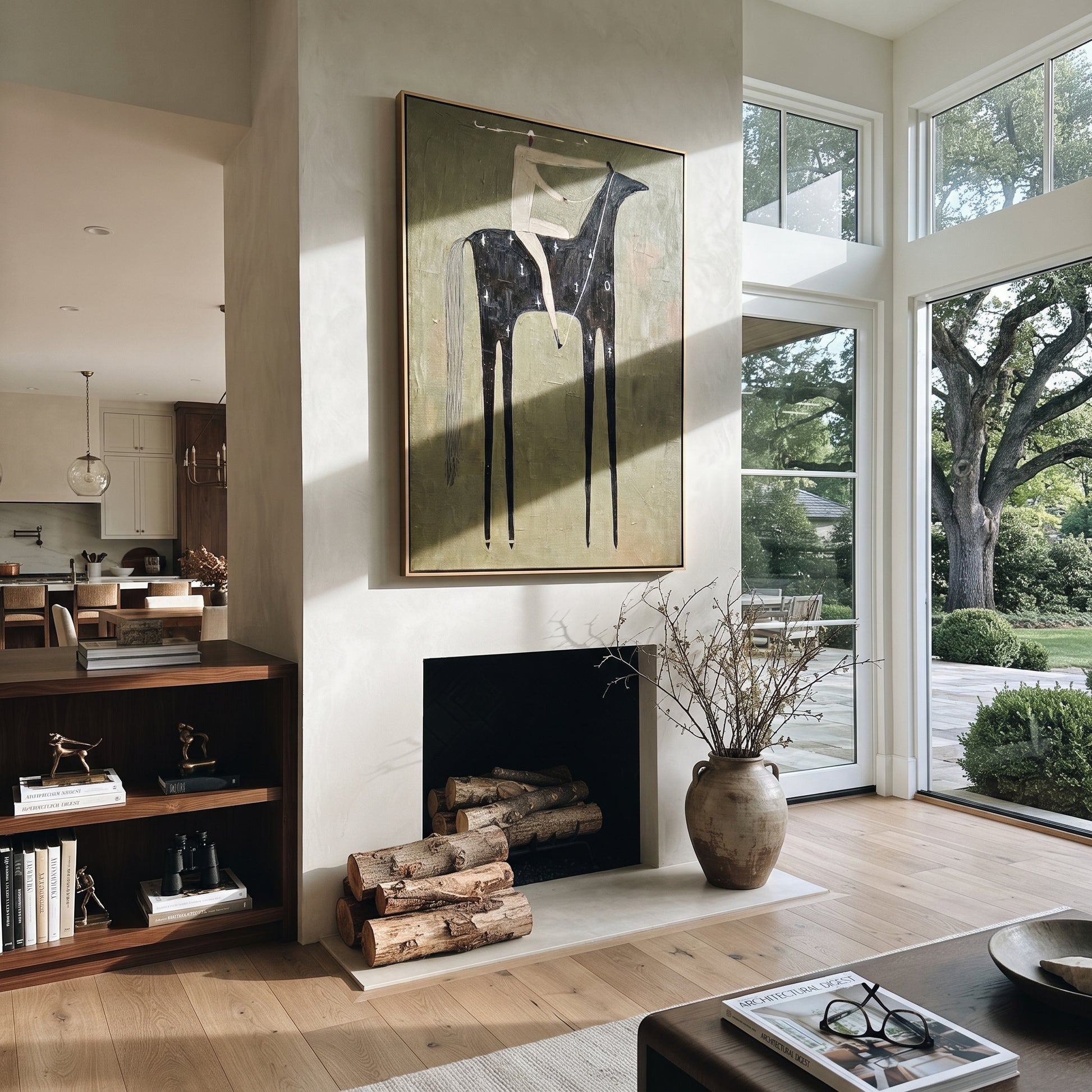 Black Horse Holds Silence - minimal black horse rider painting by Elliot Vale, modern figurative vertical wall art - styled room scene view 2
