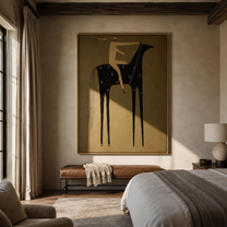 Black Horse Holds Silence - minimal black horse rider painting by Elliot Vale, modern figurative vertical wall art - styled room scene view 3
