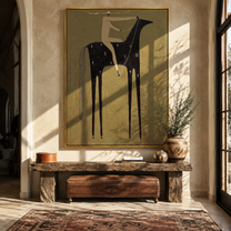 Black Horse Holds Silence - minimal black horse rider painting by Elliot Vale, modern figurative vertical wall art - styled room scene view 4