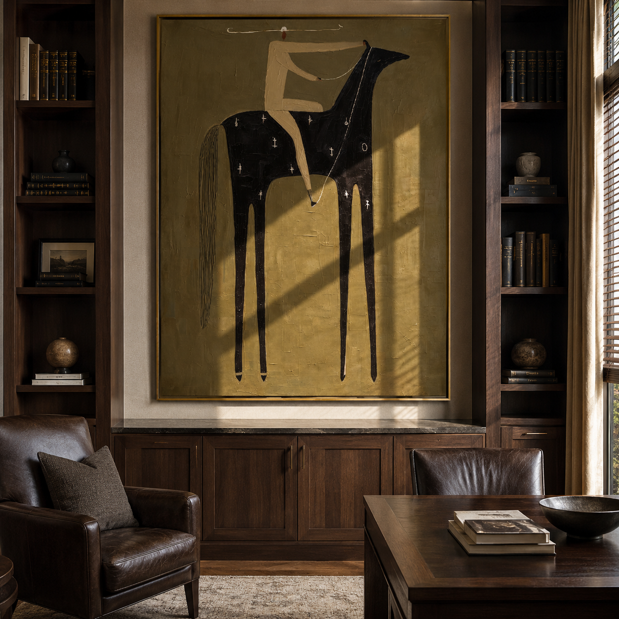 Black Horse Holds Silence - minimal black horse rider painting by Elliot Vale, modern figurative vertical wall art - styled room scene view 5