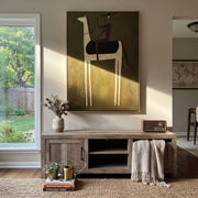 Pale Horse Carries Plum - minimal white horse rider painting by Elliot Vale, modern figurative vertical wall art - styled room scene view 1