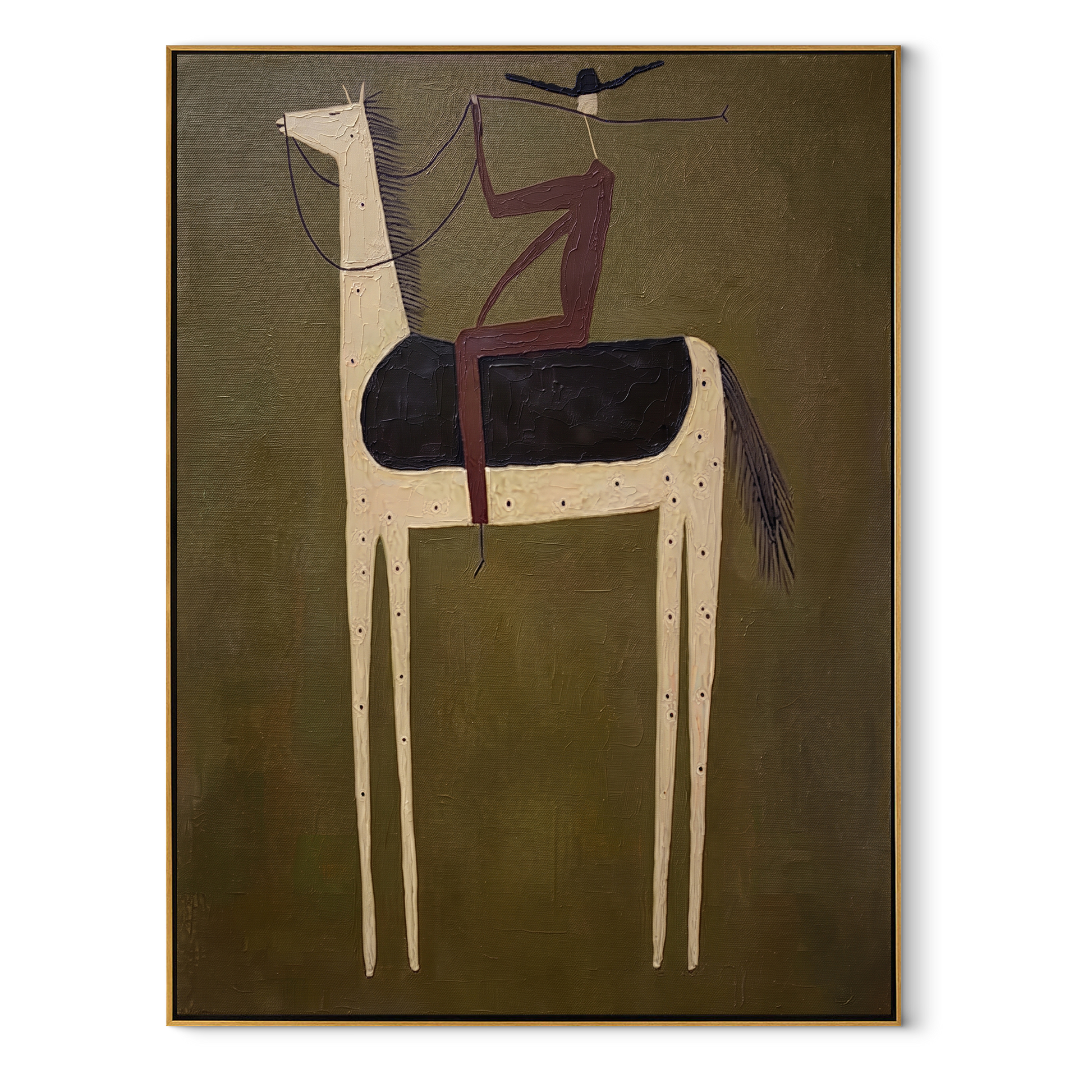 Pale Horse Carries Plum - minimal white horse rider painting by Elliot Vale, modern figurative vertical wall art - wood frame on white background