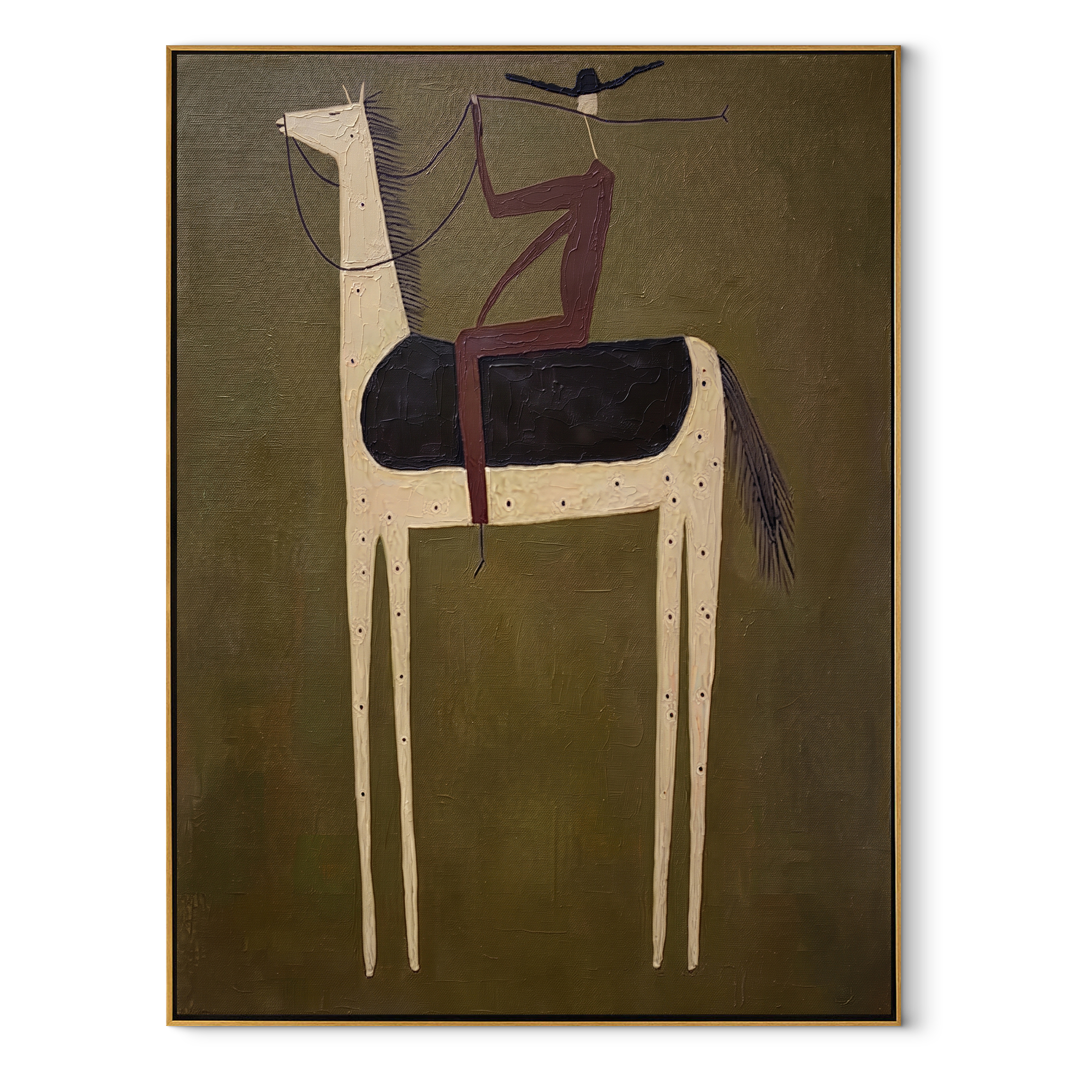Pale Horse Carries Plum - minimal white horse rider painting by Elliot Vale, modern figurative vertical wall art - wood frame on white background