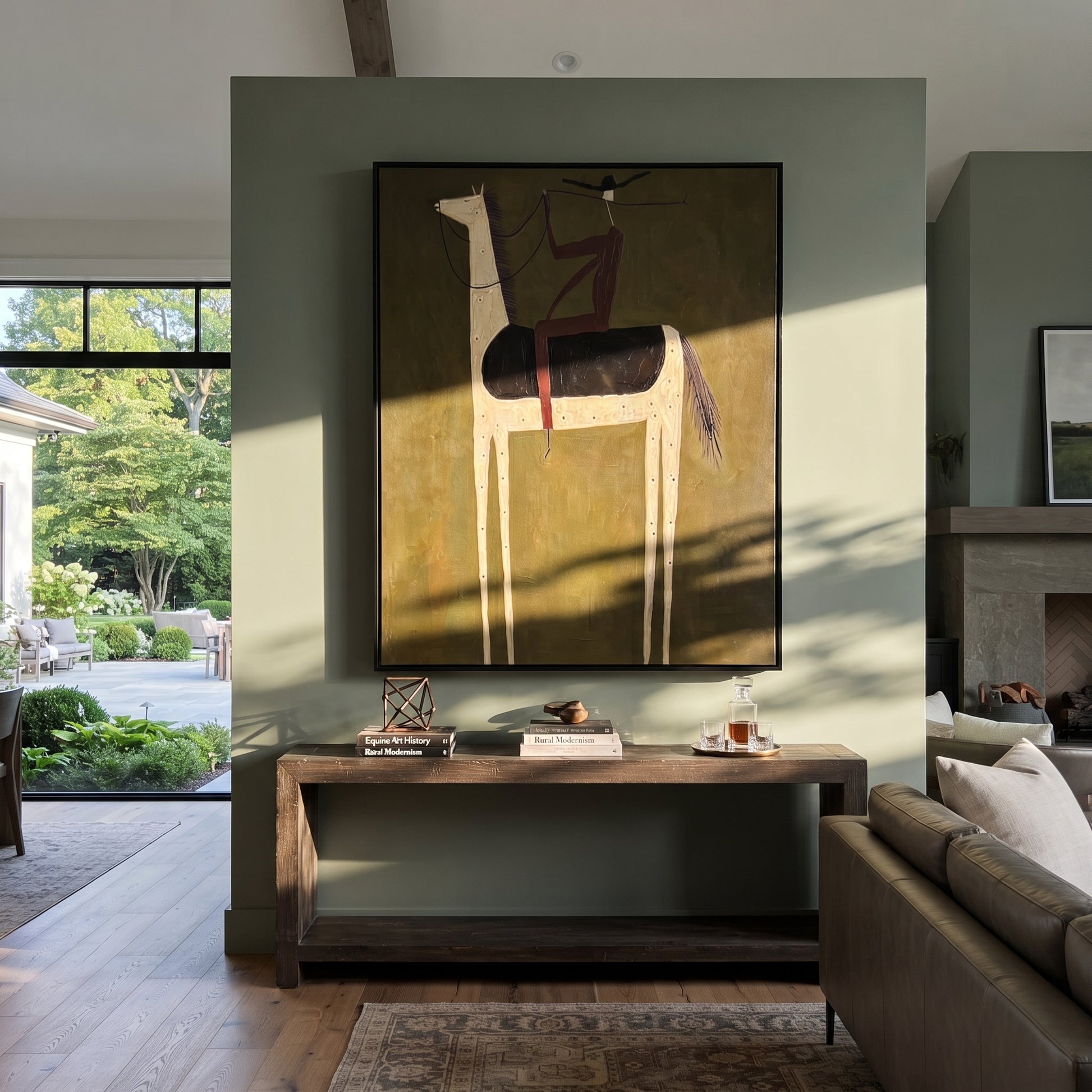 Pale Horse Carries Plum - minimal white horse rider painting by Elliot Vale, modern figurative vertical wall art - styled room scene view 3
