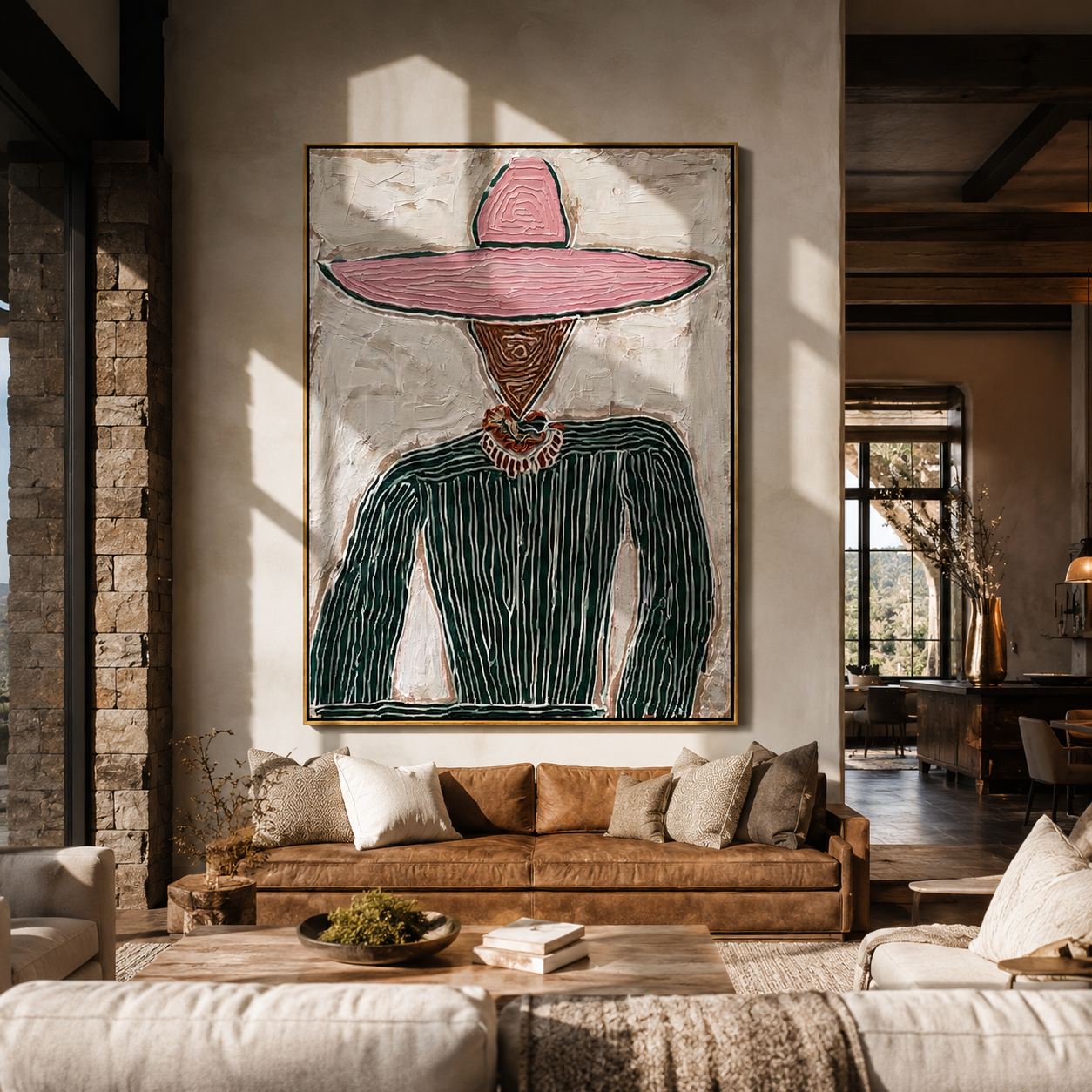Pink Brim Guards Green - pink sombrero figure painting by Elliot Vale, modern figurative vertical wall art - styled room scene view 1