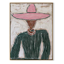 Pink Brim Guards Green - pink sombrero figure painting by Elliot Vale, modern figurative vertical wall art - wood frame on white background