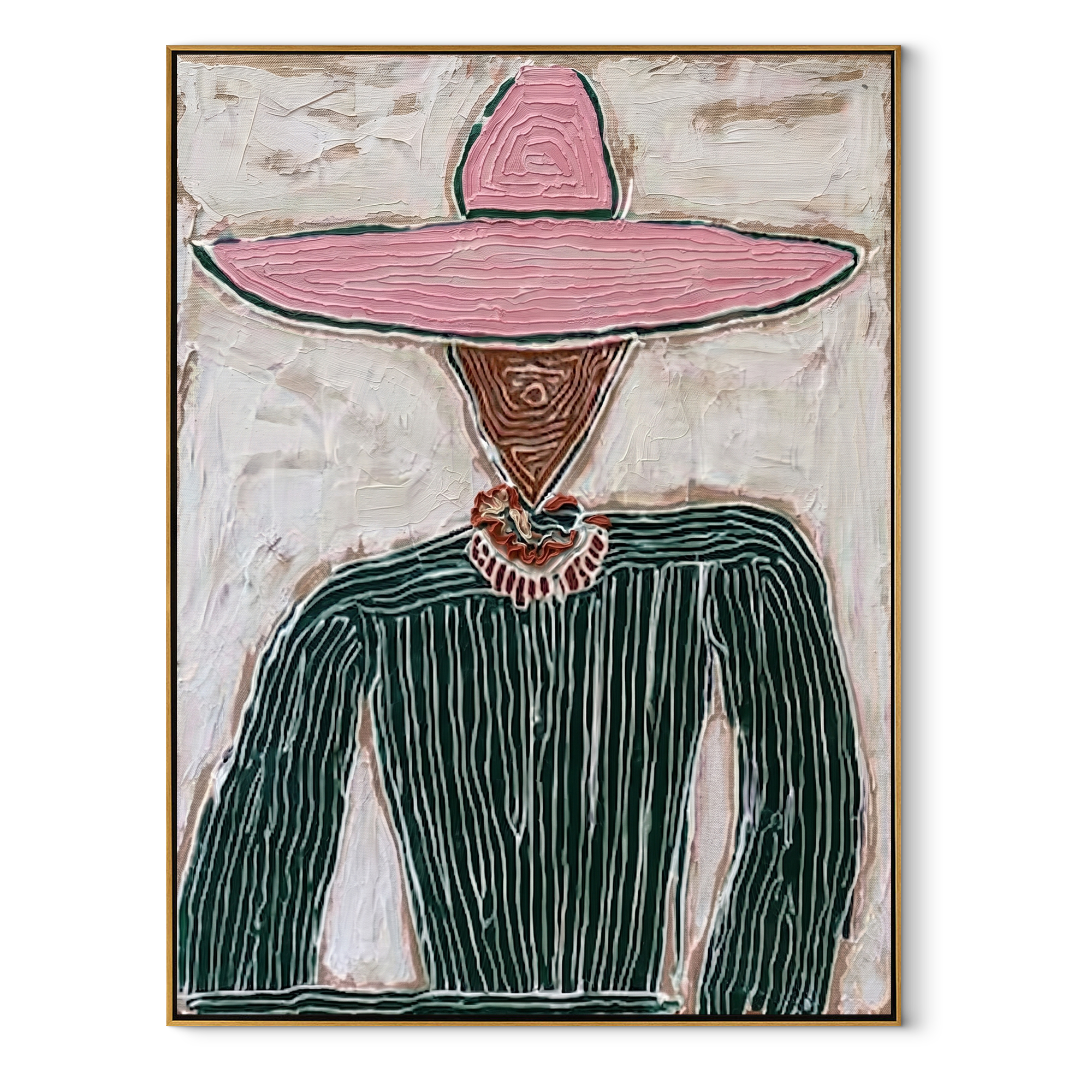 Pink Brim Guards Green - pink sombrero figure painting by Elliot Vale, modern figurative vertical wall art - wood frame on white background