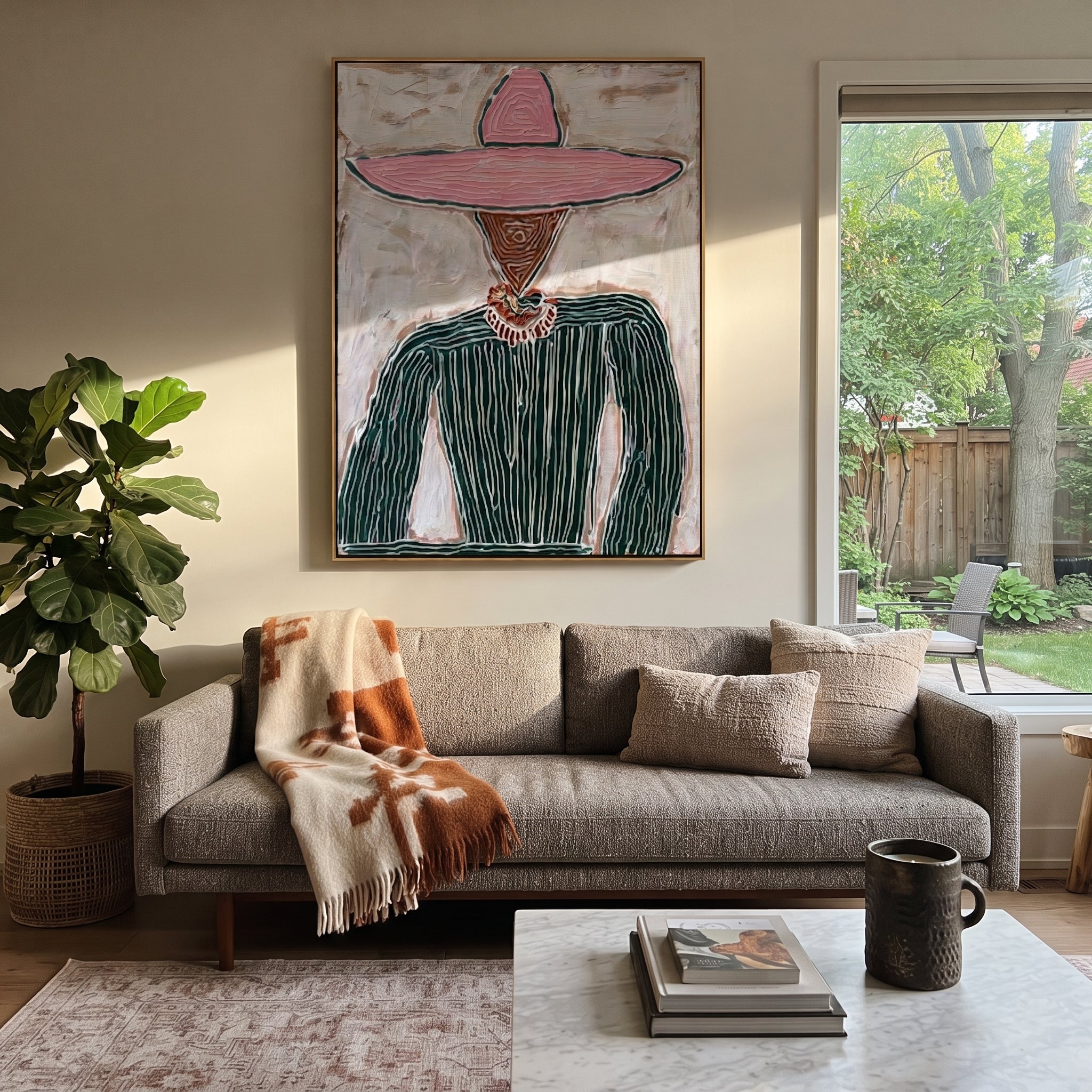 Pink Brim Guards Green - pink sombrero figure painting by Elliot Vale, modern figurative vertical wall art - styled room scene view 2