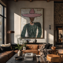 Pink Brim Guards Green - pink sombrero figure painting by Elliot Vale, modern figurative vertical wall art - styled room scene view 3