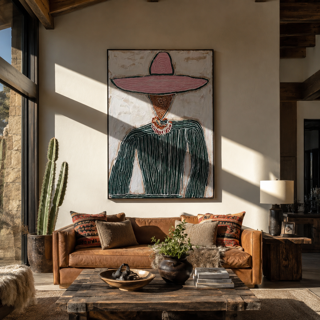 Pink Brim Guards Green - pink sombrero figure painting by Elliot Vale, modern figurative vertical wall art - styled room scene view 4