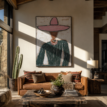 Pink Brim Guards Green - pink sombrero figure painting by Elliot Vale, modern figurative vertical wall art - styled room scene view 4