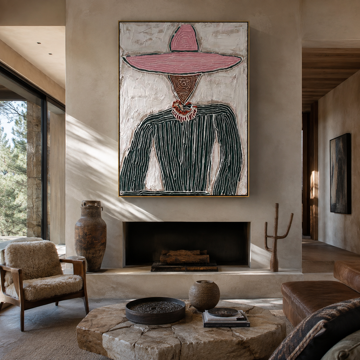 Pink Brim Guards Green - pink sombrero figure painting by Elliot Vale, modern figurative vertical wall art - styled room scene view 5