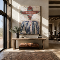 Rust Rings Frame Blue - rust sombrero figure painting by Elliot Vale, modern figurative vertical wall art - styled room scene view 1