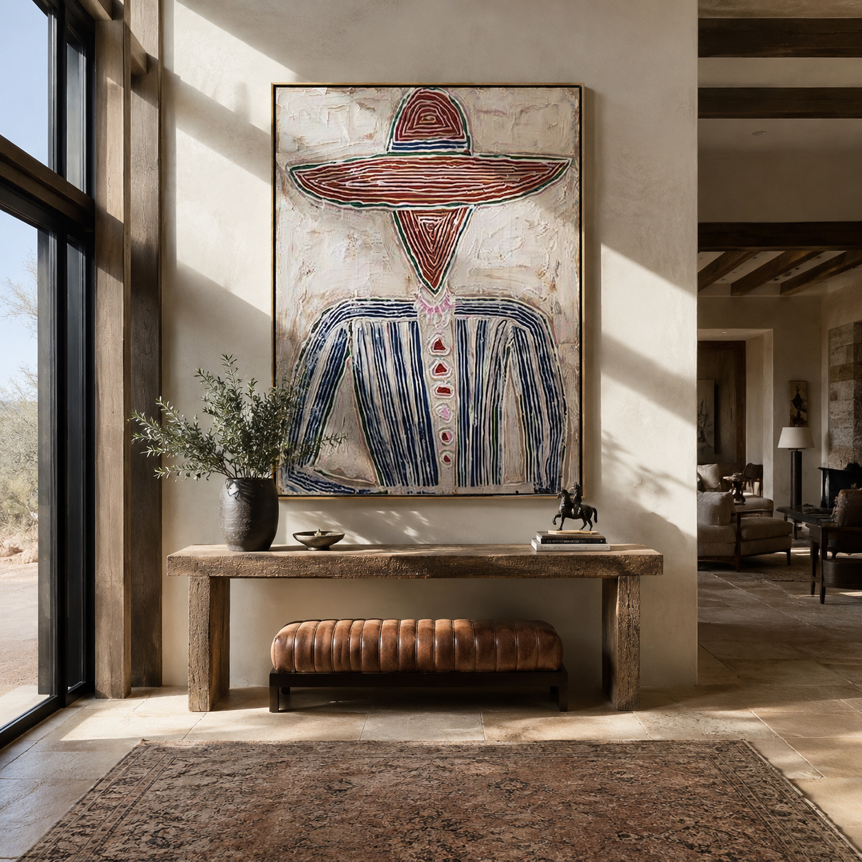 Rust Rings Frame Blue - rust sombrero figure painting by Elliot Vale, modern figurative vertical wall art - styled room scene view 1