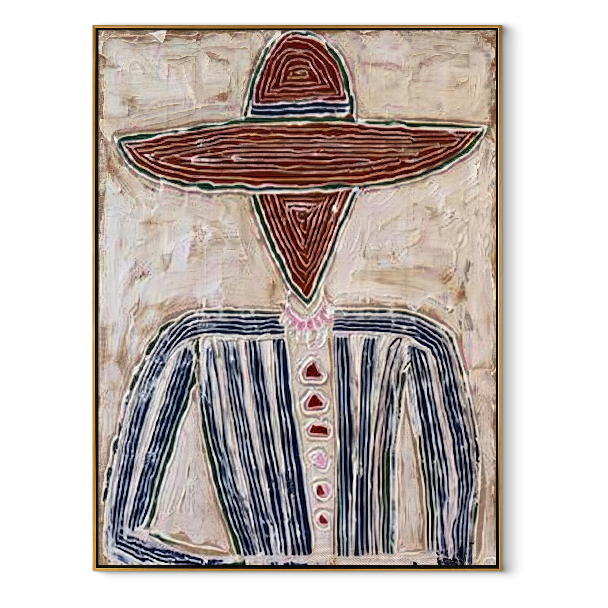 Rust Rings Frame Blue - rust sombrero figure painting by Elliot Vale, modern figurative vertical wall art - wood frame on white background