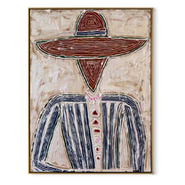 Rust Rings Frame Blue - rust sombrero figure painting by Elliot Vale, modern figurative vertical wall art - wood frame on white background