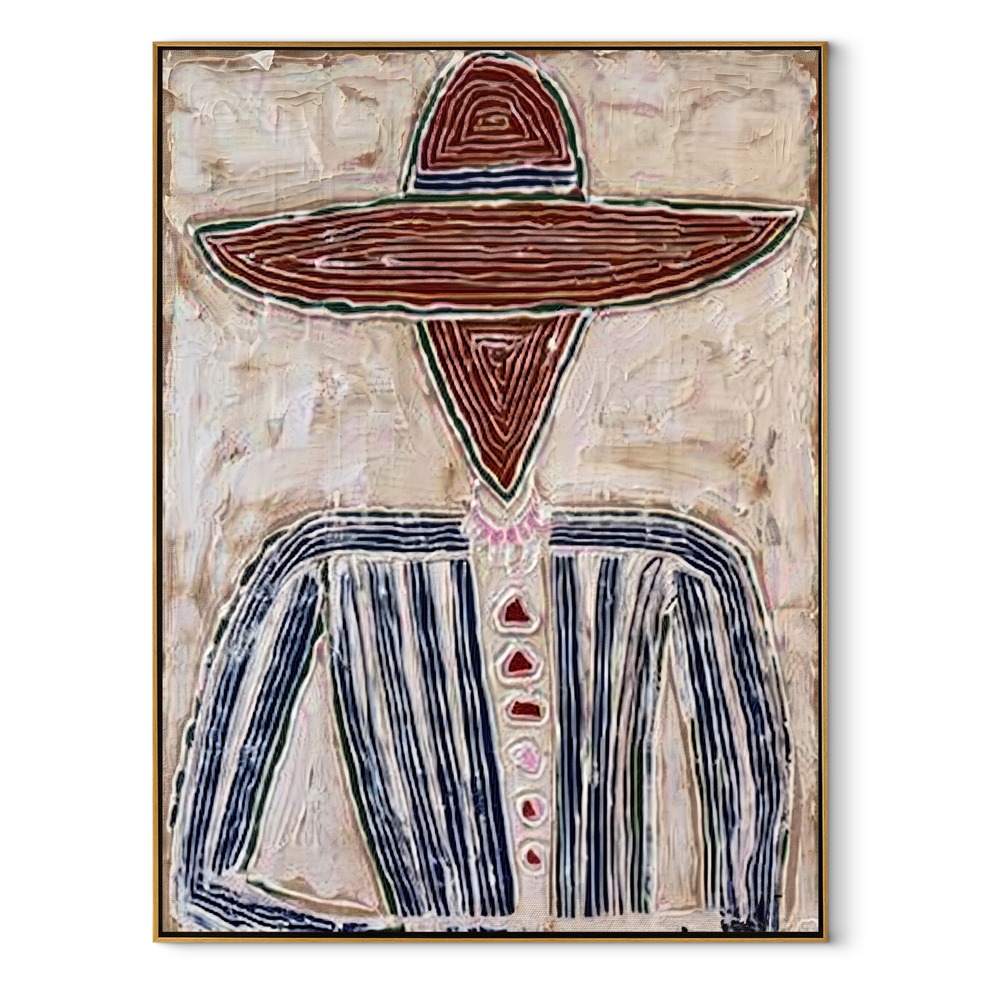 Rust Rings Frame Blue - rust sombrero figure painting by Elliot Vale, modern figurative vertical wall art - wood frame on white background
