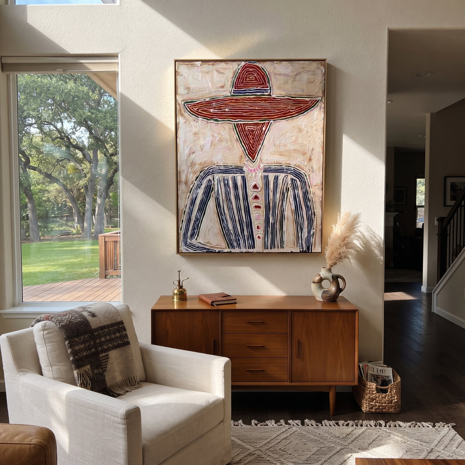Rust Rings Frame Blue - rust sombrero figure painting by Elliot Vale, modern figurative vertical wall art - styled room scene view 3