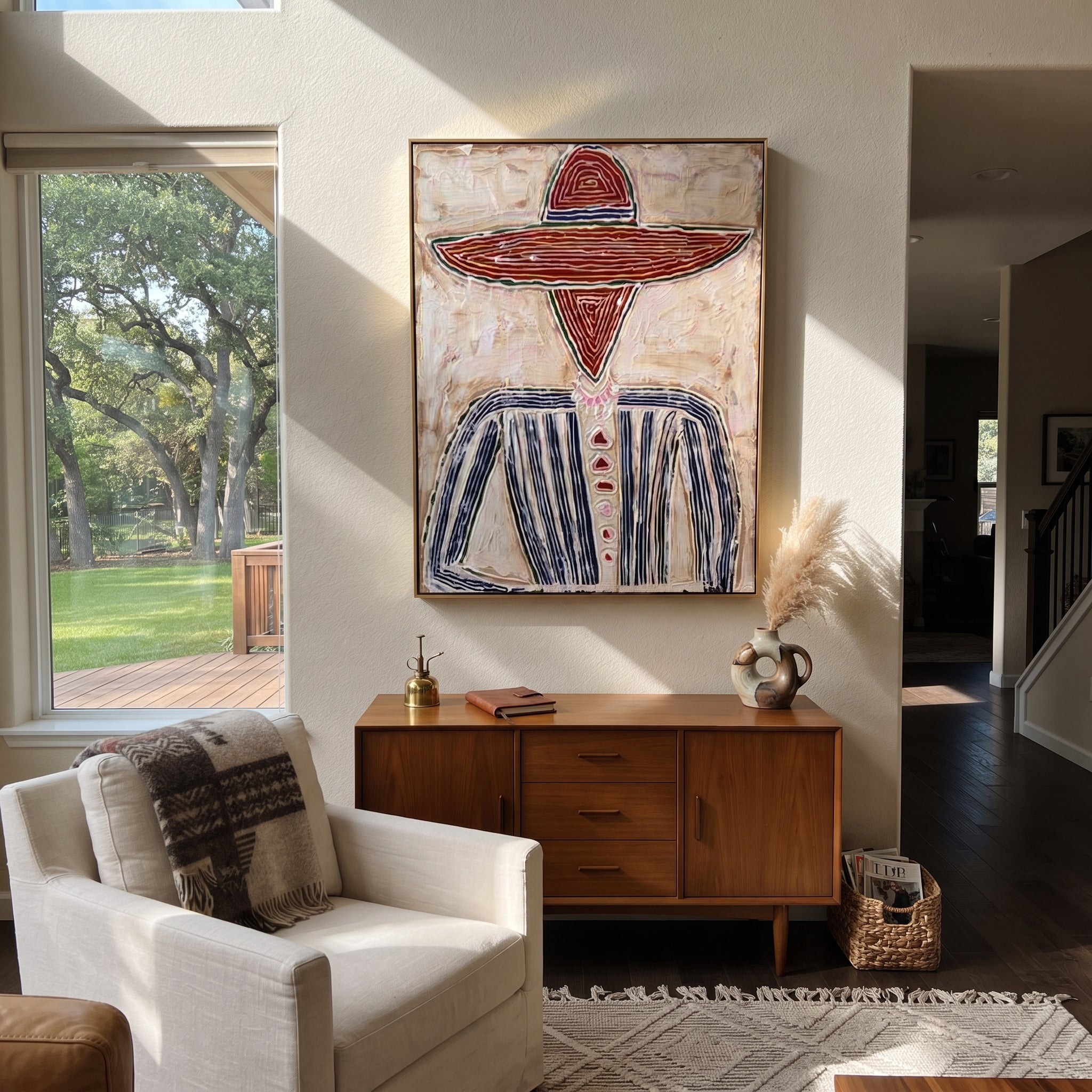Rust Rings Frame Blue - rust sombrero figure painting by Elliot Vale, modern figurative vertical wall art - styled room scene view 3