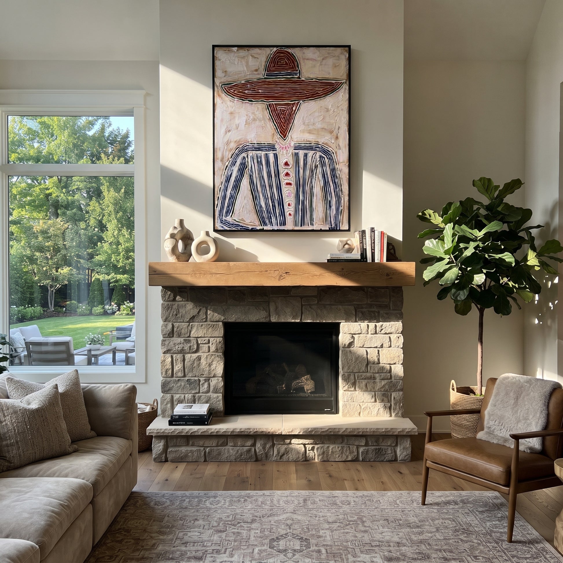 Rust Rings Frame Blue - rust sombrero figure painting by Elliot Vale, modern figurative vertical wall art - styled room scene view 4