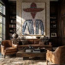 Rust Rings Frame Blue - rust sombrero figure painting by Elliot Vale, modern figurative vertical wall art - styled room scene view 5