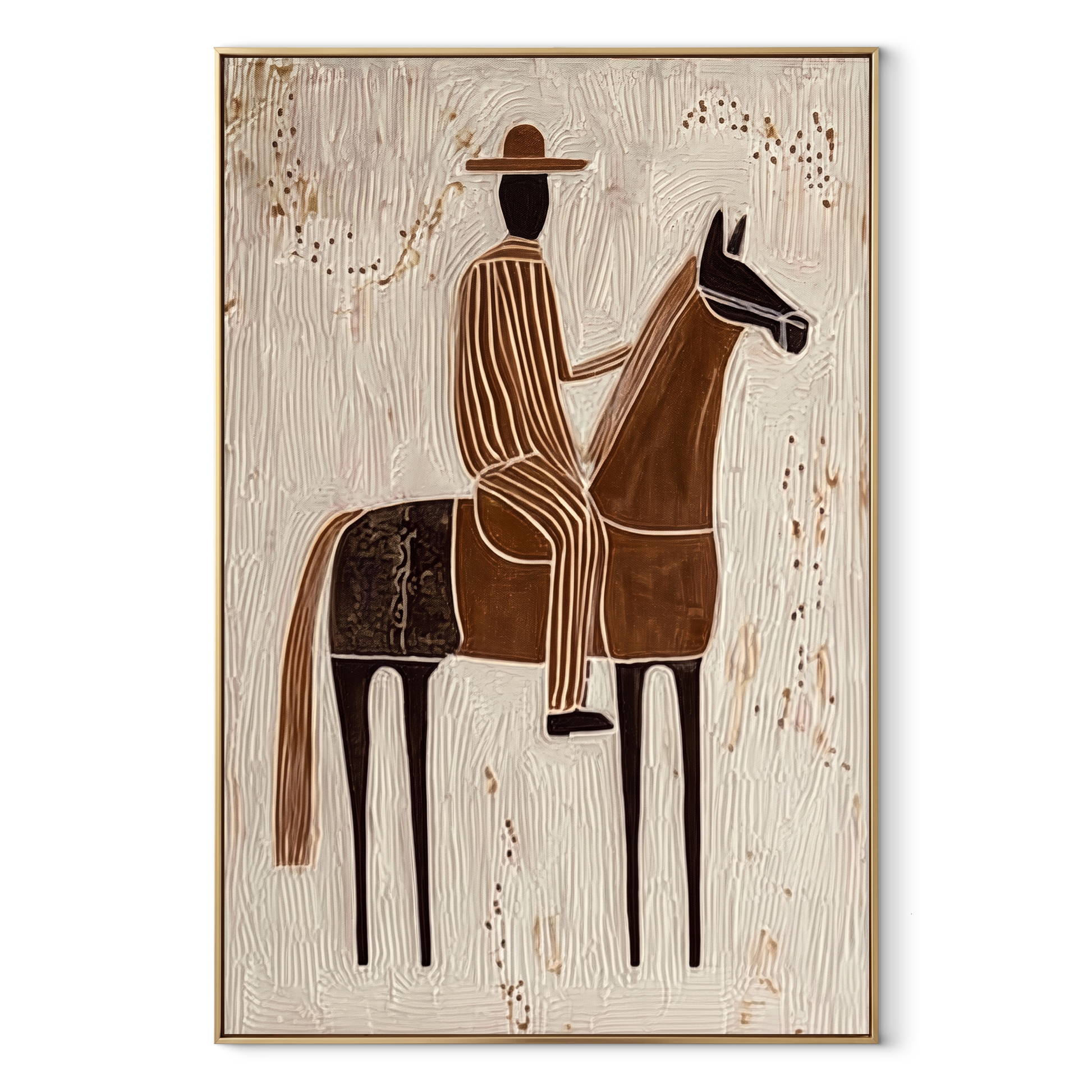 Striped Rider Crosses Ivory - brown horse rider painting by Elliot Vale, modern figurative vertical wall art - wood frame on white background