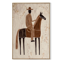 Striped Rider Crosses Ivory - brown horse rider painting by Elliot Vale, modern figurative vertical wall art - wood frame on white background
