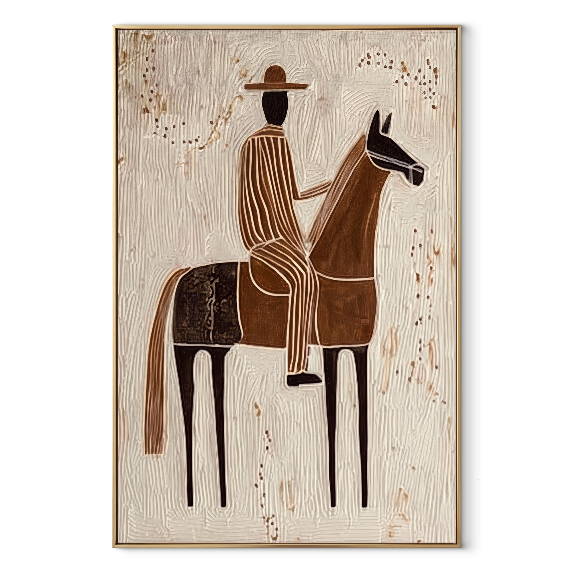 Striped Rider Crosses Ivory - brown horse rider painting by Elliot Vale, modern figurative vertical wall art - wood frame on white background