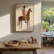 Striped Rider Crosses Ivory - brown horse rider painting by Elliot Vale, modern figurative vertical wall art - styled room scene view 2