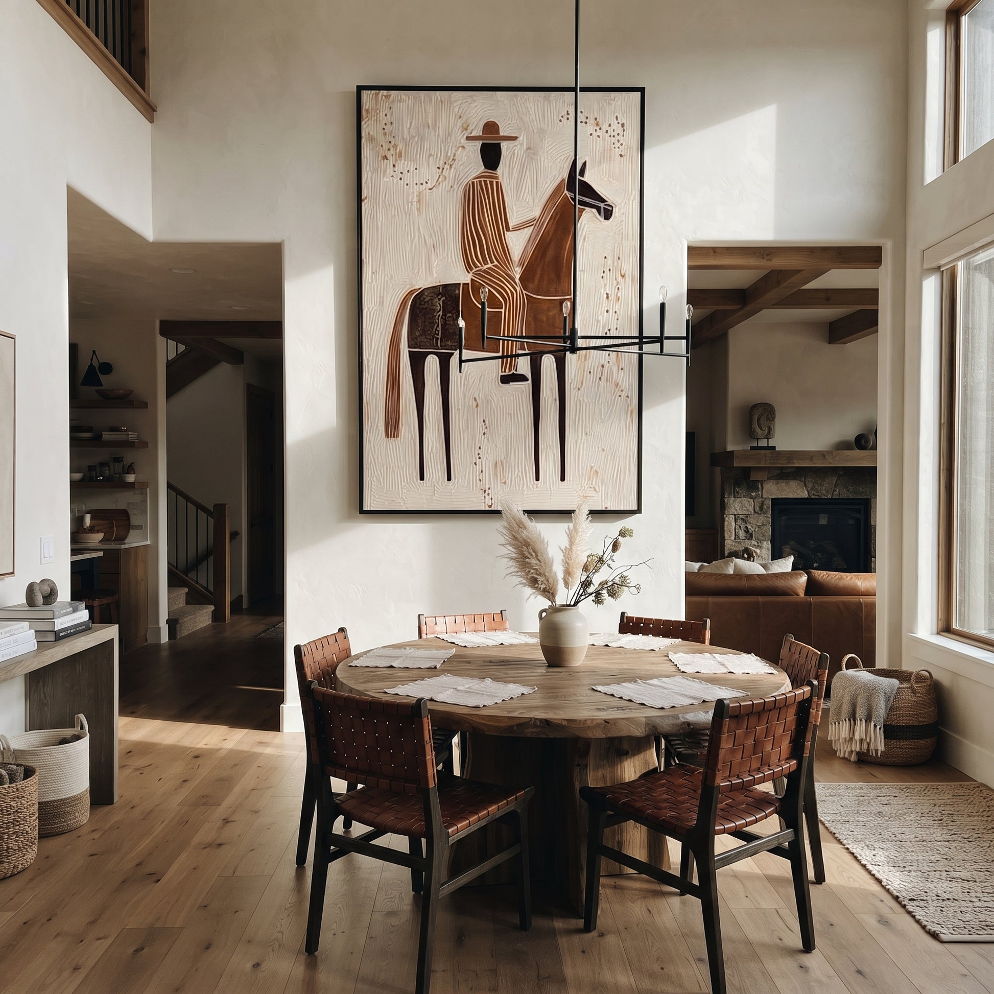 Striped Rider Crosses Ivory - brown horse rider painting by Elliot Vale, modern figurative vertical wall art - styled room scene view 3