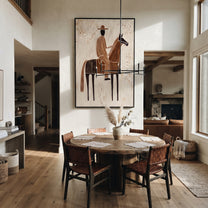 Striped Rider Crosses Ivory - brown horse rider painting by Elliot Vale, modern figurative vertical wall art - styled room scene view 3