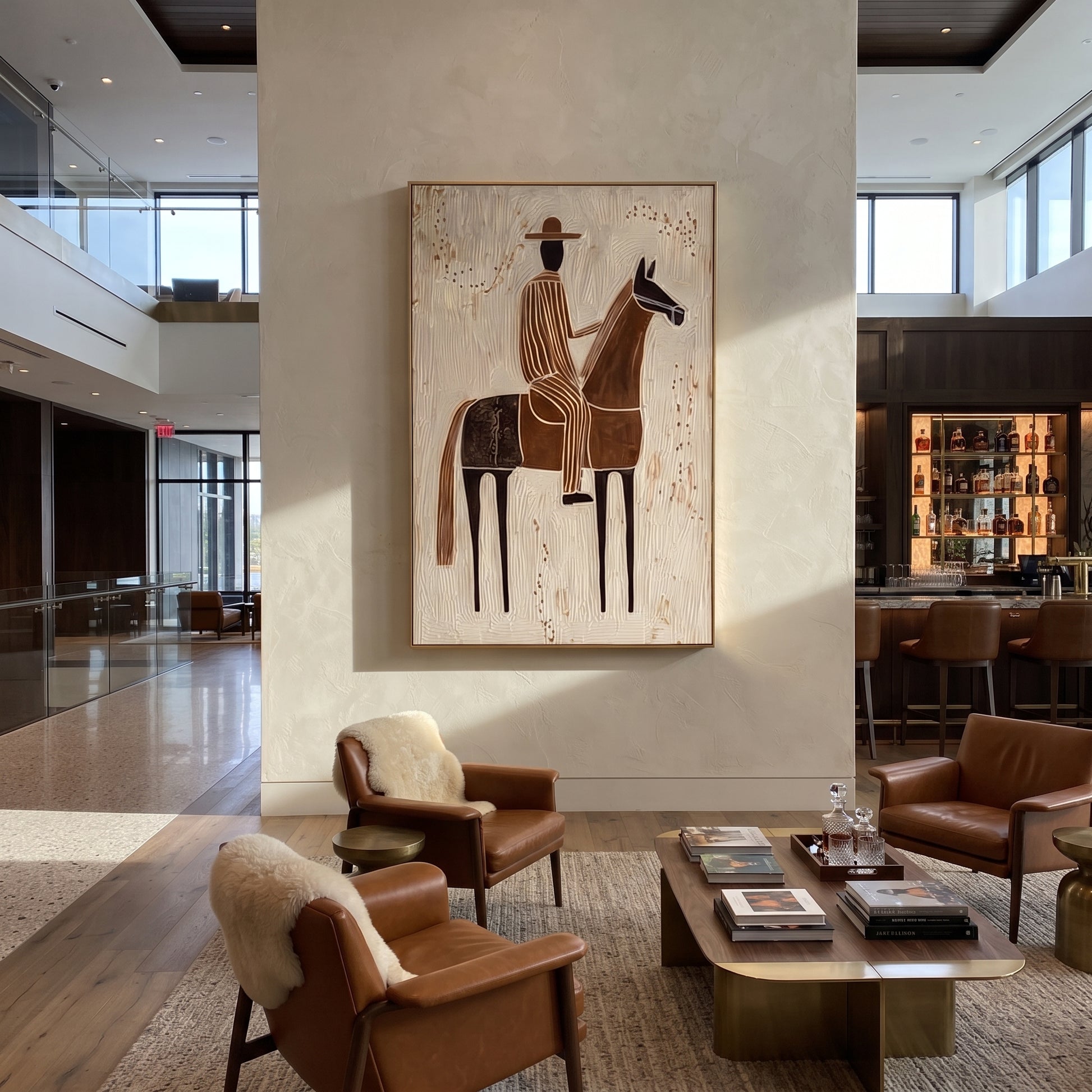 Striped Rider Crosses Ivory - brown horse rider painting by Elliot Vale, modern figurative vertical wall art - styled room scene view 4